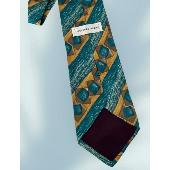 Geoffrey Beene Mens Necktie Aqua Blue Beige Abstract Geometric Silk Neck Tie USA - Picture 2 of 4